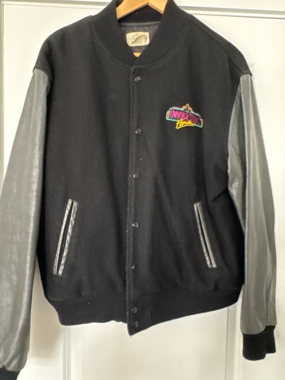 Black and Gray Varsity Bomber Jacket with Embroidered Logo